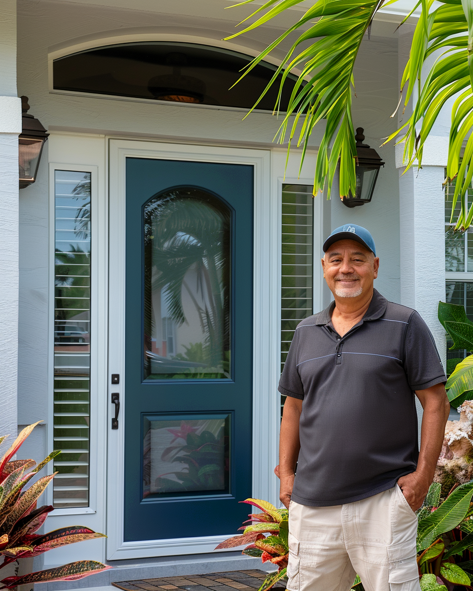 Happy customer standing next to entry door.