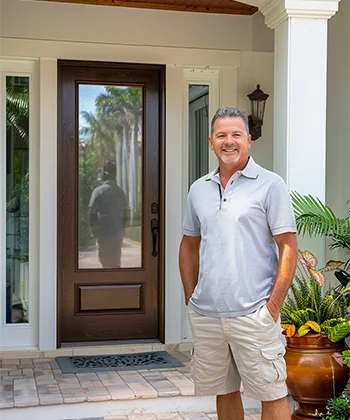 Customer standing in front of entry door installed by Pacer Door.