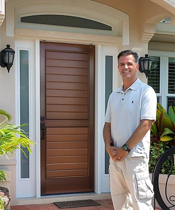 Customer standing in front of entry door installed by Pacer Door.